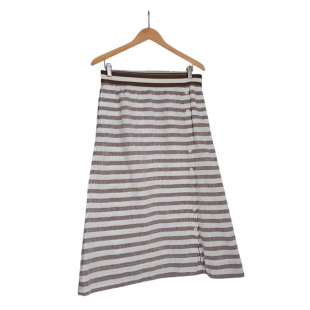 J. Jill Love Linen 100% Linen Striped Midi Skirt Brown White Side Slit Fits S/ M